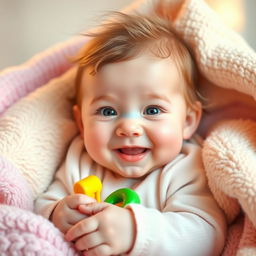 A cute, beautiful baby with sparkling eyes and a cheerful smile, surrounded by soft, colorful blankets in a cozy setting