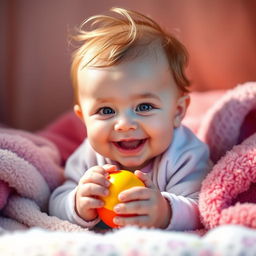 A cute, beautiful baby with sparkling eyes and a cheerful smile, surrounded by soft, colorful blankets in a cozy setting