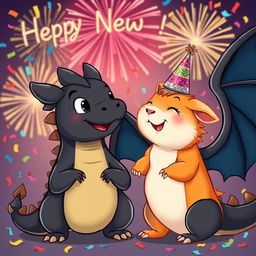A charming cartoon illustration depicting a cheerful ginger guinea pig and a large, friendly black dragon celebrating New Year's together