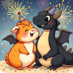 A charming cartoon illustration depicting a cheerful ginger guinea pig and a large, friendly black dragon celebrating New Year's together