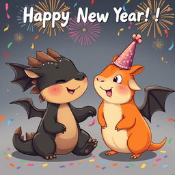 A charming cartoon illustration depicting a cheerful ginger guinea pig and a large, friendly black dragon celebrating New Year's together