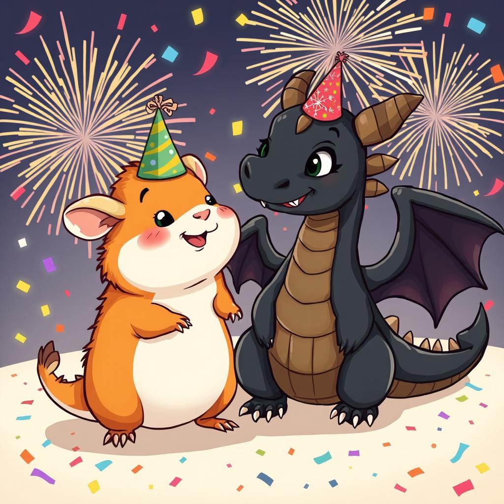 A charming cartoon illustration depicting a cheerful ginger guinea pig and a large, friendly black dragon celebrating New Year's together