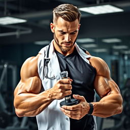 A muscular bodybuilder doctor using a polishing machine on his hands, showcasing an impressive physique with defined muscles