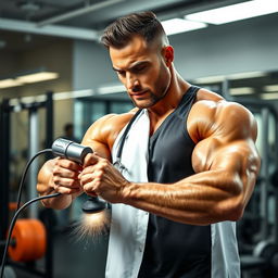 A muscular bodybuilder doctor using a polishing machine on his hands, showcasing an impressive physique with defined muscles