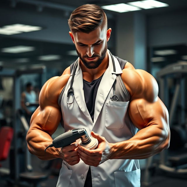 A muscular bodybuilder doctor using a polishing machine on his hands, showcasing an impressive physique with defined muscles