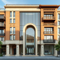 A modern and traditional building facade design that incorporates key features: The base and columns are adorned with travertine stone, providing a solid and balanced look