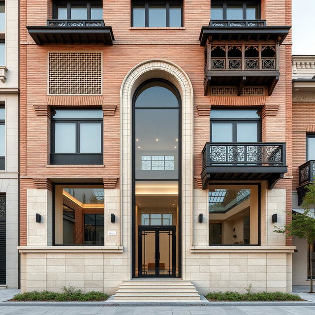 A modern and traditional building facade design that incorporates key features: The base and columns are adorned with travertine stone, providing a solid and balanced look