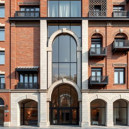 A modern and traditional building facade design that incorporates key features: The base and columns are adorned with travertine stone, providing a solid and balanced look