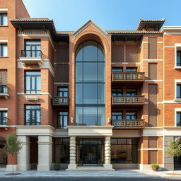 A modern and traditional building facade design that incorporates key features: The base and columns are adorned with travertine stone, providing a solid and balanced look