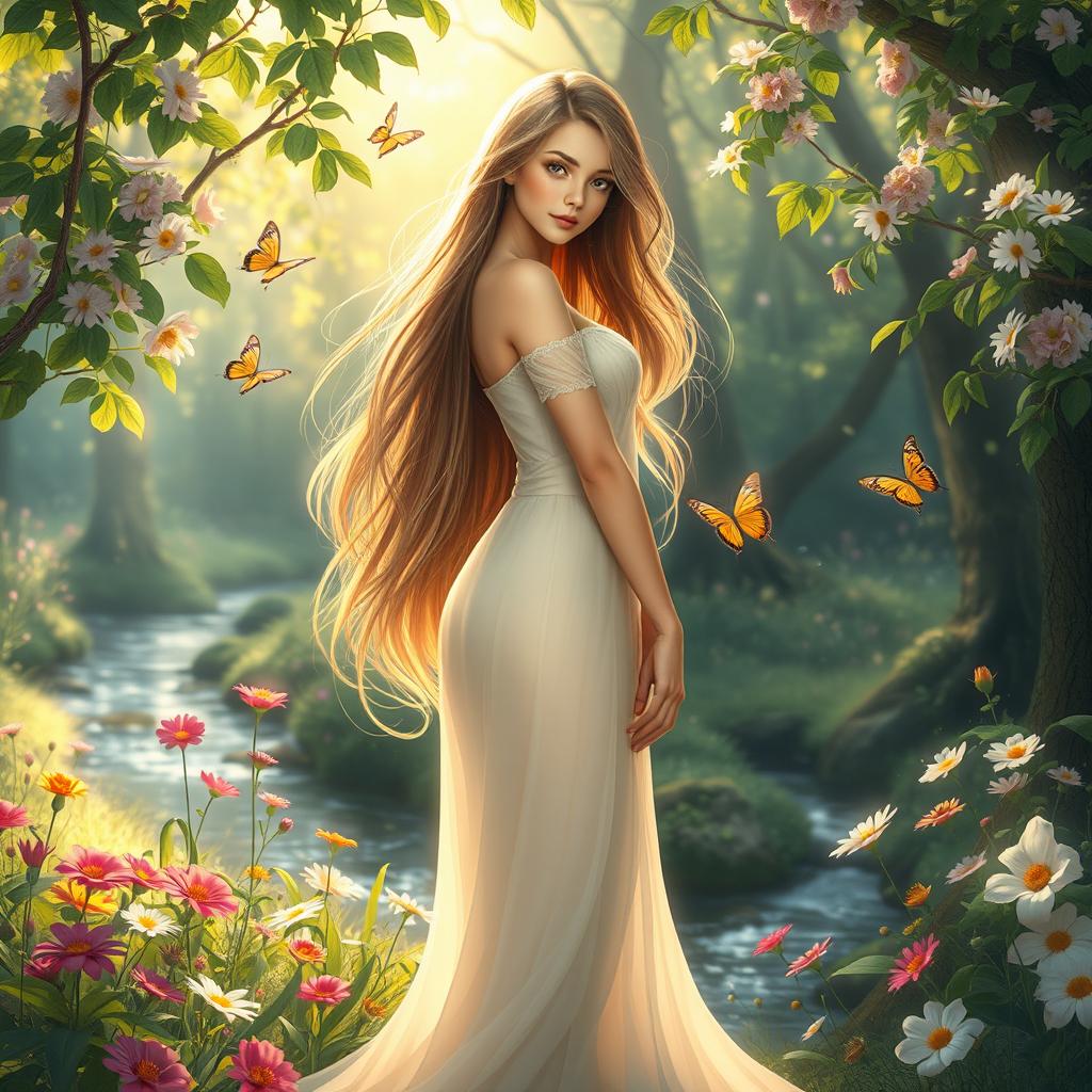 A beautiful ethereal girl standing gracefully in a lush forest, her hair cascading down her shoulders and flowing in the gentle breeze, surrounded by vibrant flowers blooming around her