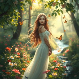 A beautiful ethereal girl standing gracefully in a lush forest, her hair cascading down her shoulders and flowing in the gentle breeze, surrounded by vibrant flowers blooming around her