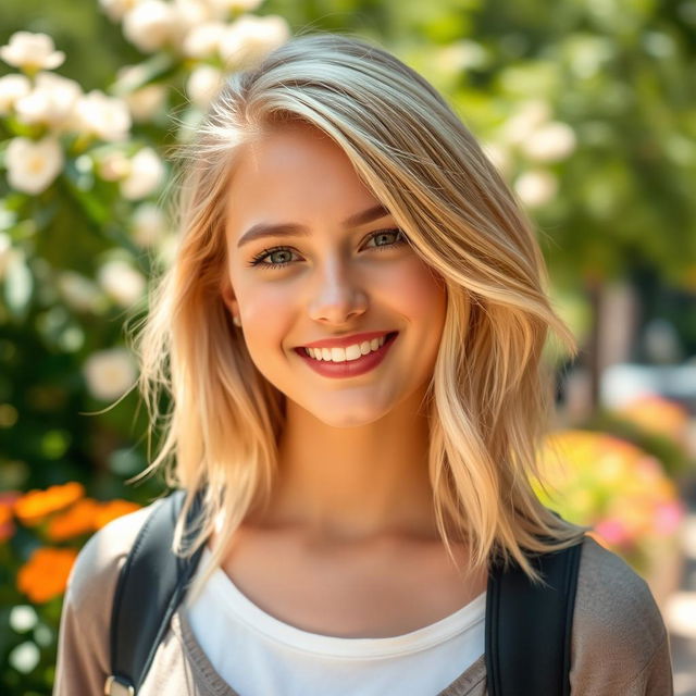 A portrait of a stylish young adult with bright, lustrous blonde hair that shines in the light