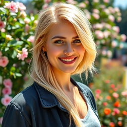A portrait of a stylish young adult with bright, lustrous blonde hair that shines in the light