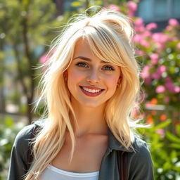 A portrait of a stylish young adult with bright, lustrous blonde hair that shines in the light
