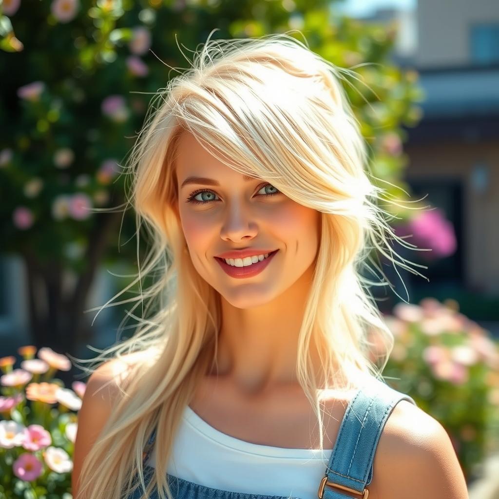 A portrait of a stylish young adult with bright, lustrous blonde hair that shines in the light