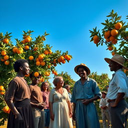 A serene scene depicting an orange farm in the 1800s, showing a diverse group of individuals including black-skinned people and white people interacting positively, sharing smiles, and working together in harmony