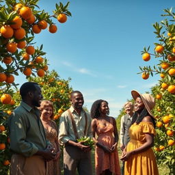 A serene scene depicting an orange farm in the 1800s, showing a diverse group of individuals including black-skinned people and white people interacting positively, sharing smiles, and working together in harmony