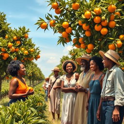 A serene scene depicting an orange farm in the 1800s, showing a diverse group of individuals including black-skinned people and white people interacting positively, sharing smiles, and working together in harmony