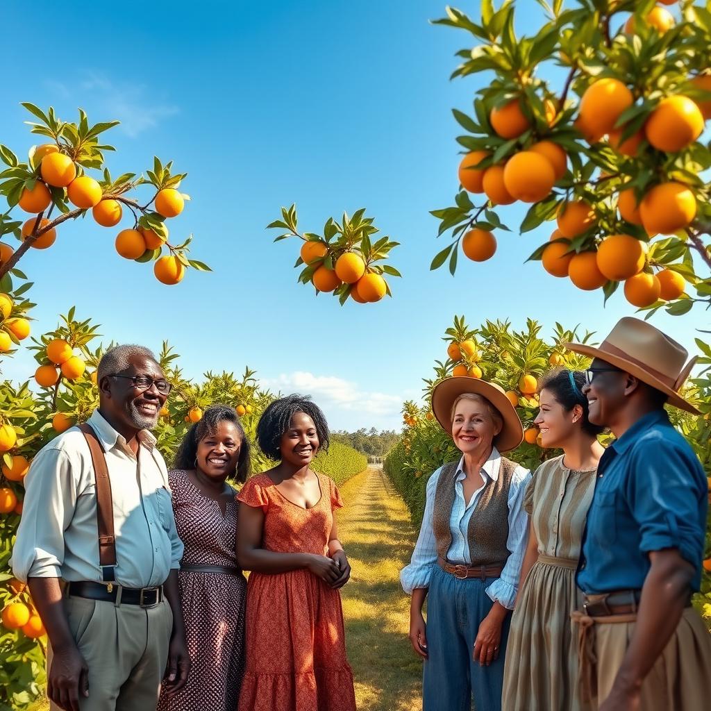 A serene scene depicting an orange farm in the 1800s, showing a diverse group of individuals including black-skinned people and white people interacting positively, sharing smiles, and working together in harmony