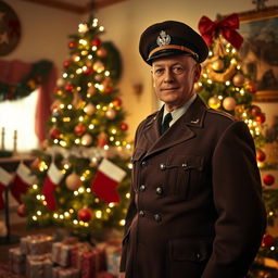 A historical figure resembling a 1940s portrait style officer, standing next to a beautifully decorated Christmas tree in a cozy, warmly lit room