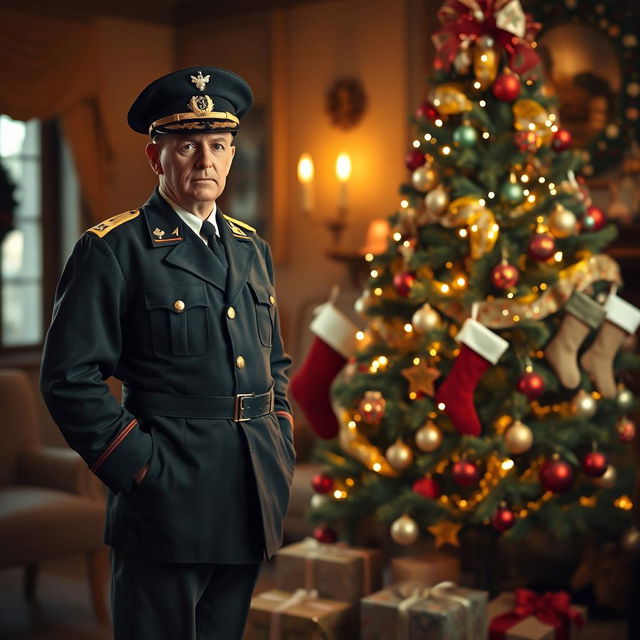 A historical figure resembling a 1940s portrait style officer, standing next to a beautifully decorated Christmas tree in a cozy, warmly lit room