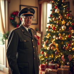 A historical figure resembling a 1940s portrait style officer, standing next to a beautifully decorated Christmas tree in a cozy, warmly lit room