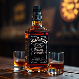 A Jack Daniel's whiskey bottle, prominently displayed with a beautiful amber-colored liquid that appears at least half-filled