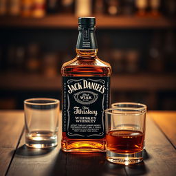 A Jack Daniel's whiskey bottle, prominently displayed with a beautiful amber-colored liquid that appears at least half-filled