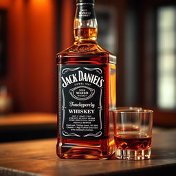 A Jack Daniel's whiskey bottle, prominently displayed with a beautiful amber-colored liquid that appears at least half-filled