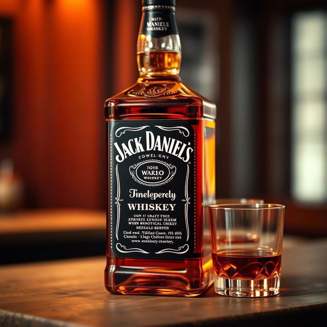 A Jack Daniel's whiskey bottle, prominently displayed with a beautiful amber-colored liquid that appears at least half-filled