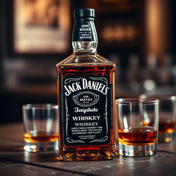 A Jack Daniel's whiskey bottle, prominently displayed with a beautiful amber-colored liquid that appears at least half-filled