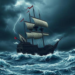 A dramatic scene of a battle ship sailing through turbulent waves during a fierce storm