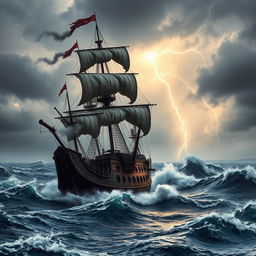 A dramatic scene of a battle ship sailing through turbulent waves during a fierce storm
