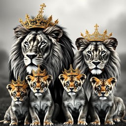 A majestic scene depicting one adult lion and one adult lioness, both elegantly adorned with intricate gold crowns