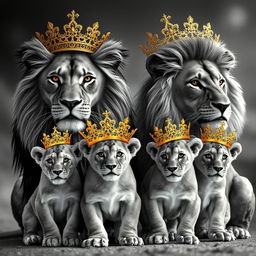 A majestic scene depicting one adult lion and one adult lioness, both elegantly adorned with intricate gold crowns