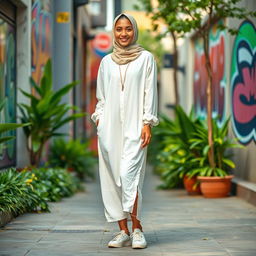 A chill guy wearing a modern, stylish hijabi outfit consisting of a flowing white dress that has a relaxed fit and is made of lightweight fabric