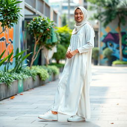 A chill guy wearing a modern, stylish hijabi outfit consisting of a flowing white dress that has a relaxed fit and is made of lightweight fabric
