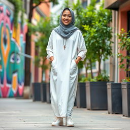 A chill guy wearing a modern, stylish hijabi outfit consisting of a flowing white dress that has a relaxed fit and is made of lightweight fabric