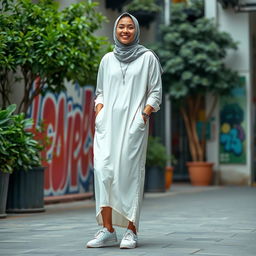 A chill guy wearing a modern, stylish hijabi outfit consisting of a flowing white dress that has a relaxed fit and is made of lightweight fabric