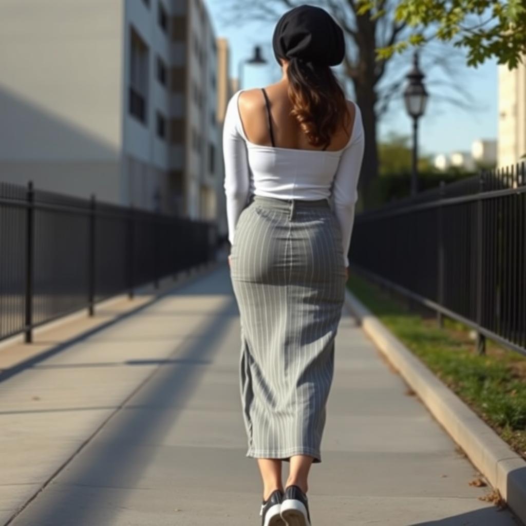 A back shot of a beautiful Orthodox Jewish woman walking down the sidewalk, captured as if in a home video