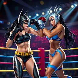 A dynamic scene of Batgirl and Kitana engaging in an intense boxing match, both wearing stylish bikinis