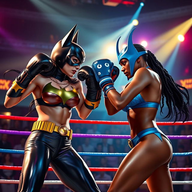 A dynamic scene of Batgirl and Kitana engaging in an intense boxing match, both wearing stylish bikinis