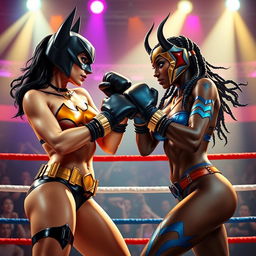 A dynamic scene of Batgirl and Kitana engaging in an intense boxing match, both wearing stylish bikinis