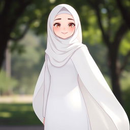 A chill character wearing a hijab, draped in a flowing white dress