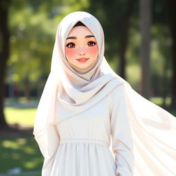 A chill character wearing a hijab, draped in a flowing white dress