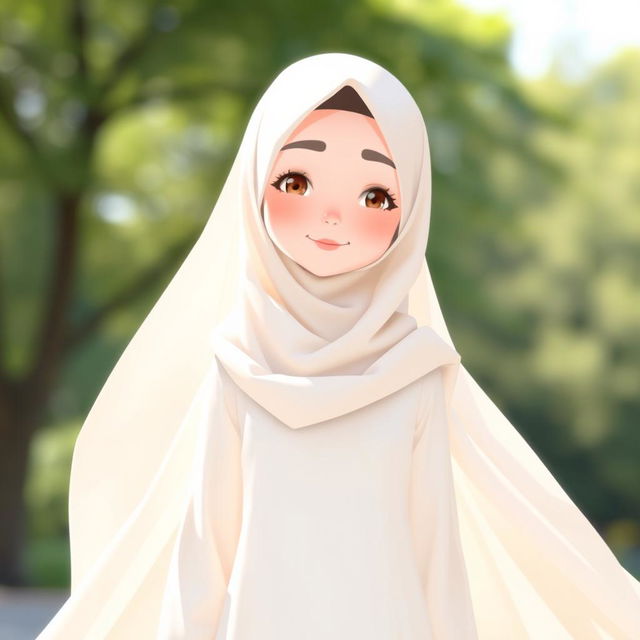 A chill character wearing a hijab, draped in a flowing white dress