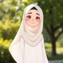A chill character wearing a hijab, draped in a flowing white dress