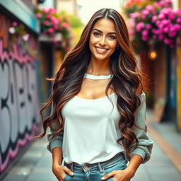 A stunning portrait of a confident woman standing on a vibrant street, wearing a stylish outfit that showcases her personality