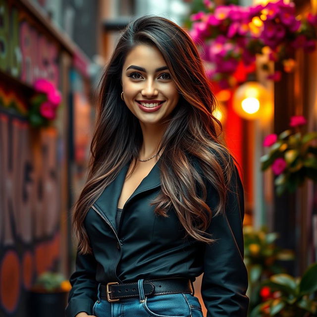 A stunning portrait of a confident woman standing on a vibrant street, wearing a stylish outfit that showcases her personality