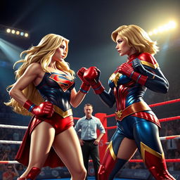 Supergirl and Captain Marvel are engaged in an intense boxing match, both wearing colorful bikinis that reflect their iconic colors